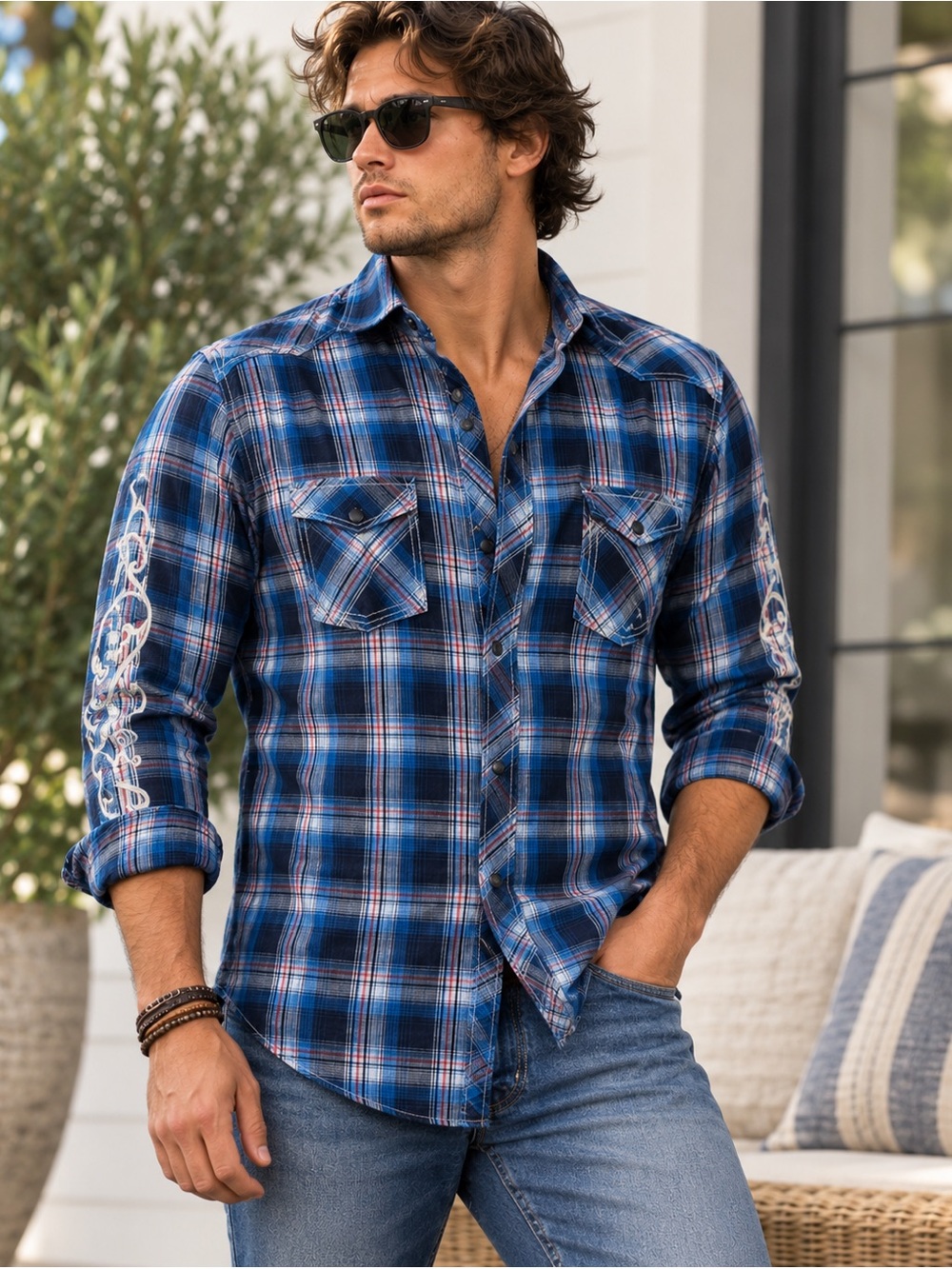 Buckle Black Label Men’s Plaid Western Shirt Sz L Blue Embroidered Snaps Y2K